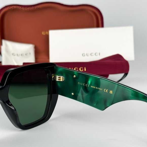 NEW Gucci GG0956S LOGO 001 Black Gold Green Rectangle Oversized Unisex Sunglasse - Picture 7 of 11